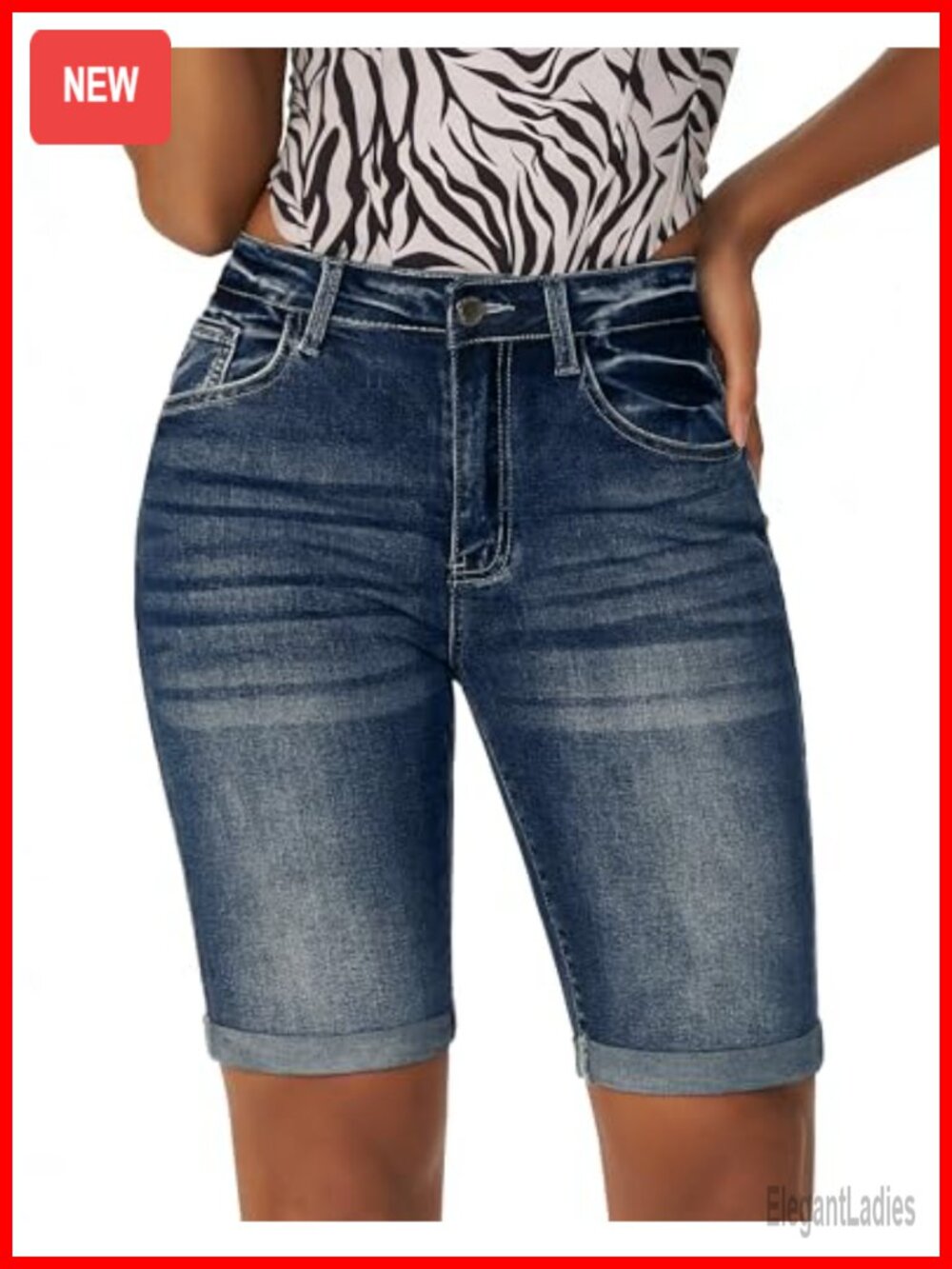 Stretch Denim Bermuda Shorts Knee Length Cuffed Utility Pockets Mid Rise Women's